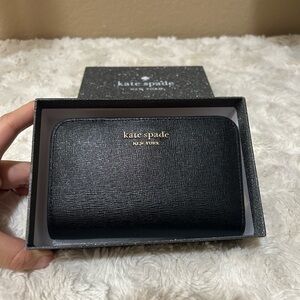 BRAND NEW Kate Spade Black Card Holder with Gold Accents, Light Pink Interior